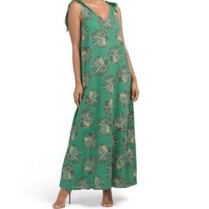 Cristina Vergani Linen Palm Print Maxi Dress Size XL Green Tie Shoulder Coastal